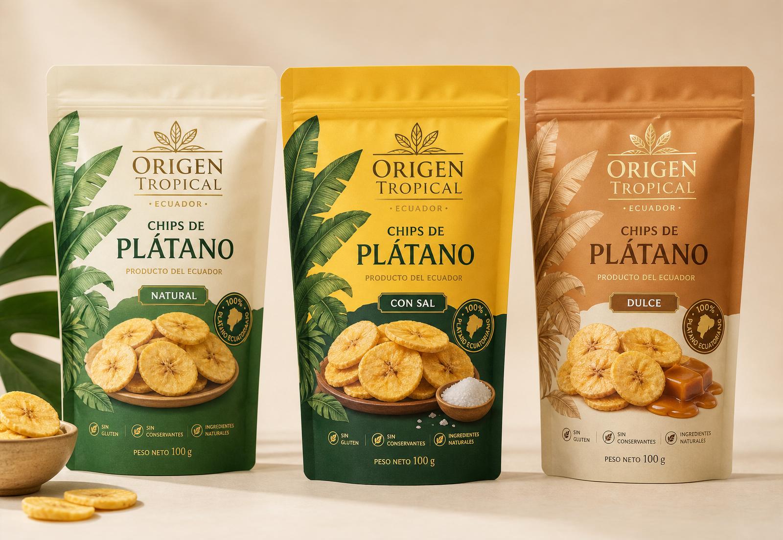Colección de chips de plátano Origen Tropical: Natural, Con Sal y Dulce