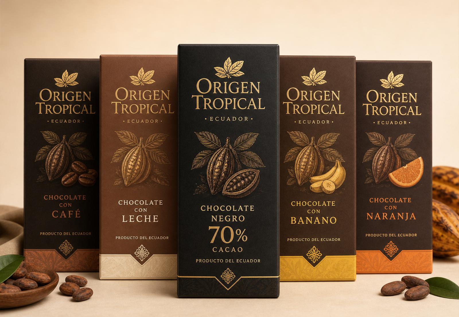 Colección de chocolates Origen Tropical: Negro 70%, Leche, Banano, Café y Naranja
